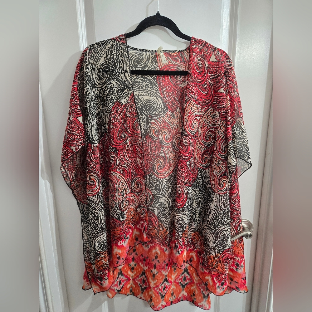 Truth Women's Kimono Size L Multi Color Sheer Coverup Open Front Long Chiffon